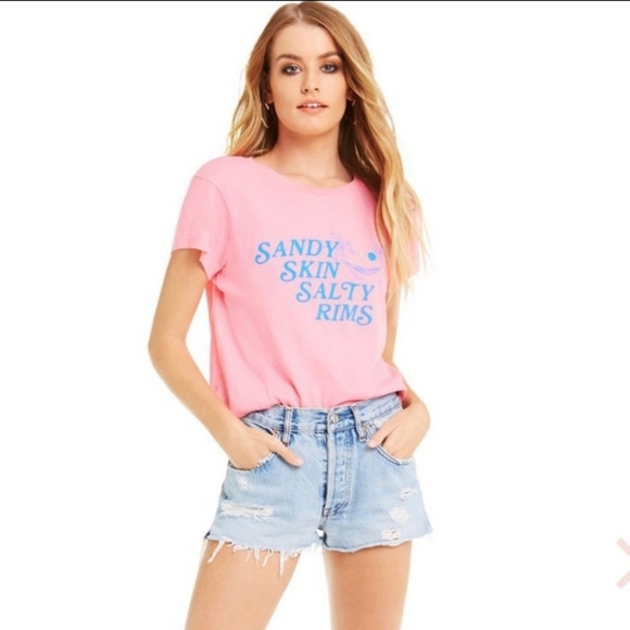 Wildfox Tee Sandy Skin Salty Rims Cotton Short Sleeves Crew Neck Pink L NWT - Picture 3 of 12